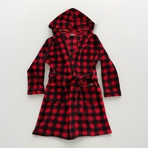 Eddie Bauer Kids Hooded‎ Robe Fleece Red Black Buffalo Plaid Cozy Kids S 7/8